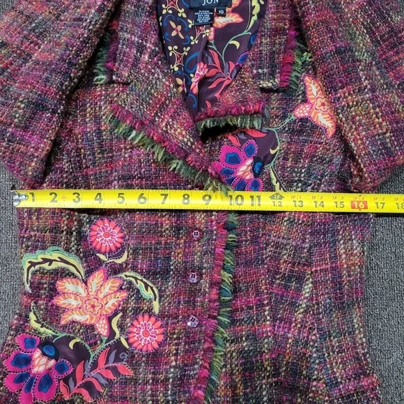Floral Plaid Wool Blend Women's Blazer Size10 Fringe Classic Jacket - Picture 13 of 15